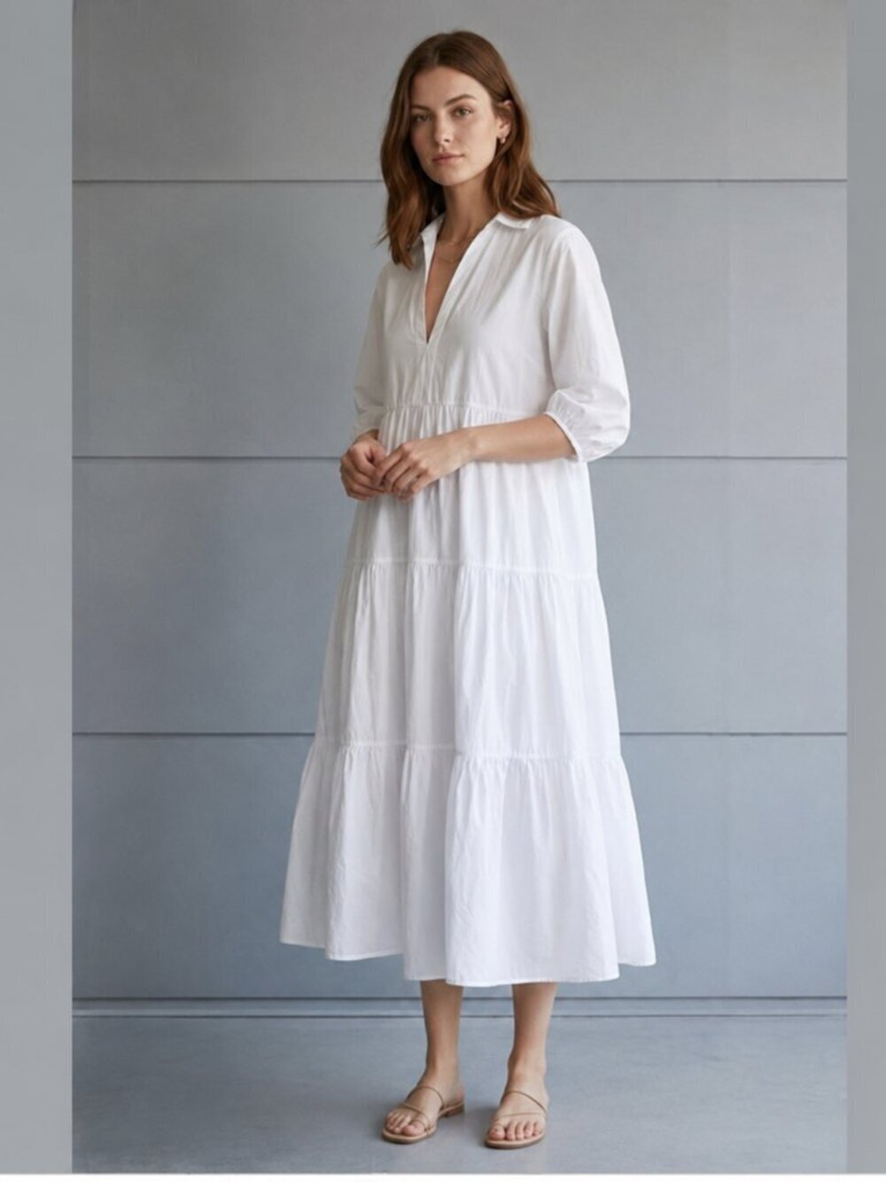 Zara 100% Cotton Poplin Tiered Flounced Midi Dress White Size Medium